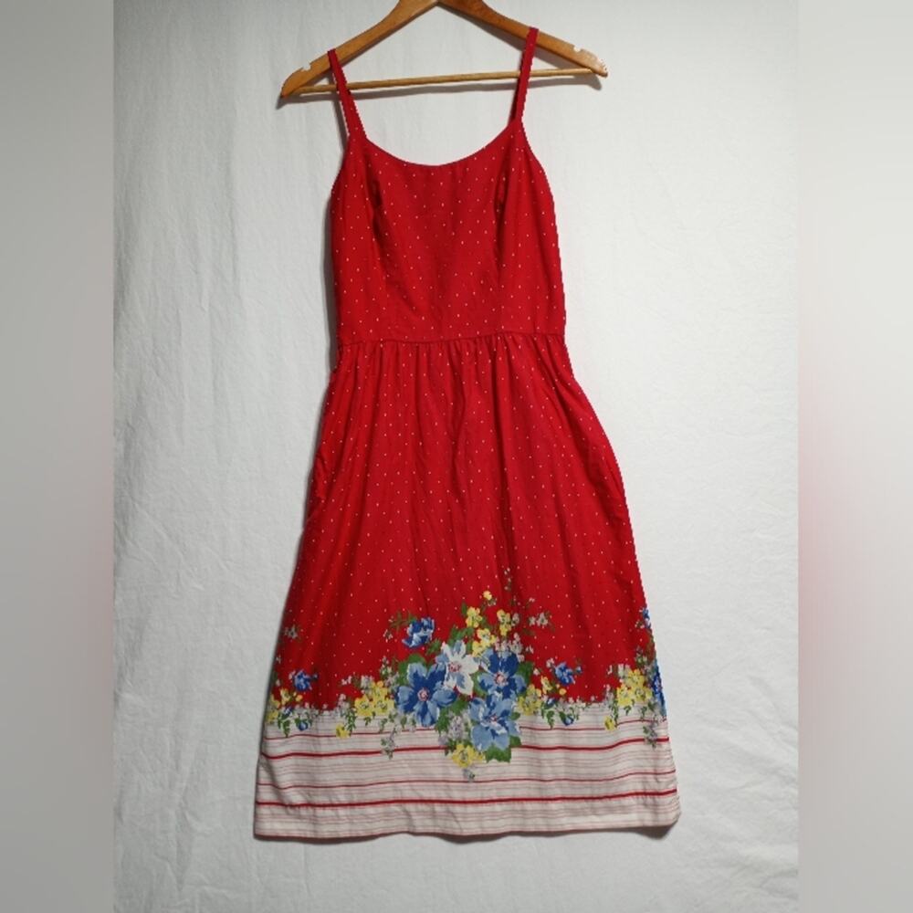 Vintage Lanz Original Spahgetti Strap Floral Midi Dress Red White Blue Yellow